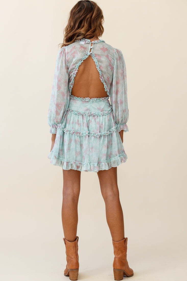Laney Cutout Back Ruffle Trim Dress Leaves Print Mint