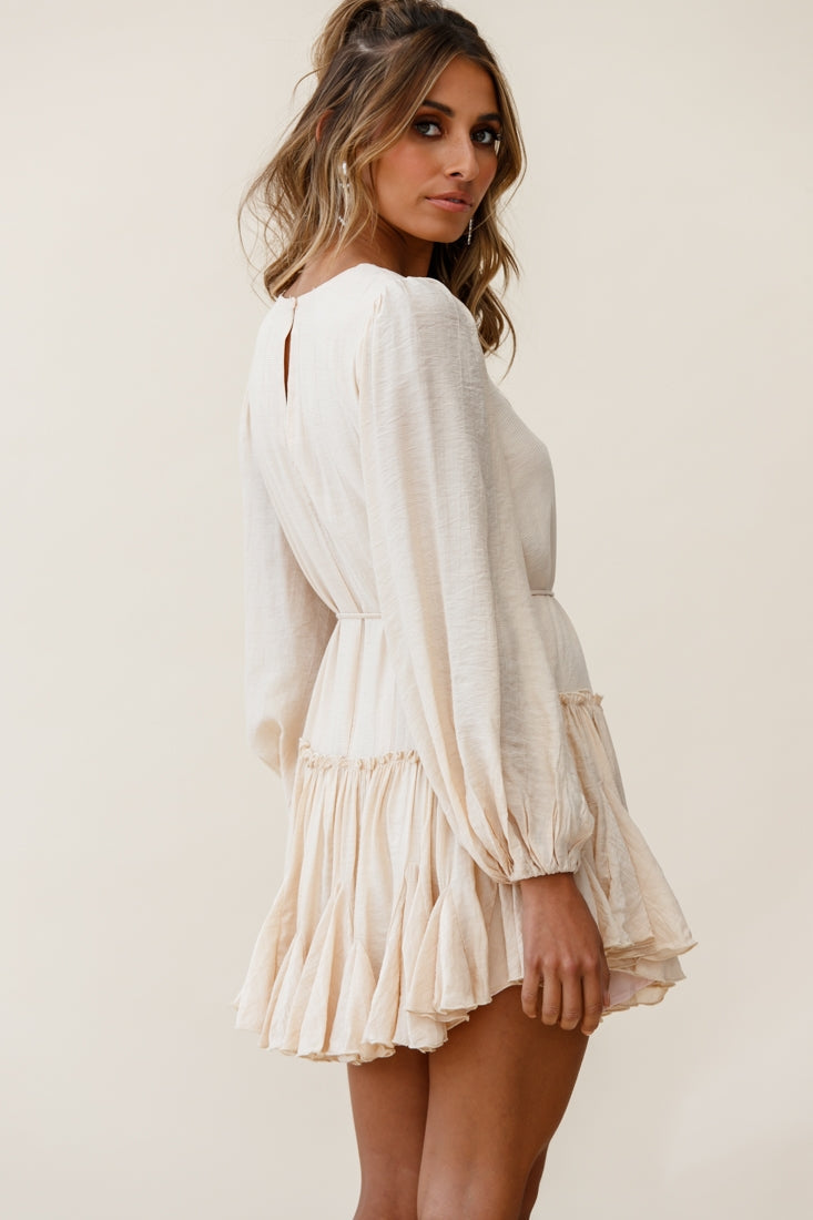 Rosabel Balloon Sleeve Fluted Hem Dress Beige